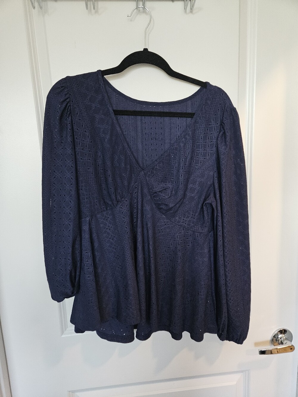 Navy Eyelet V-Neck Peplum Long-Sleeve Top